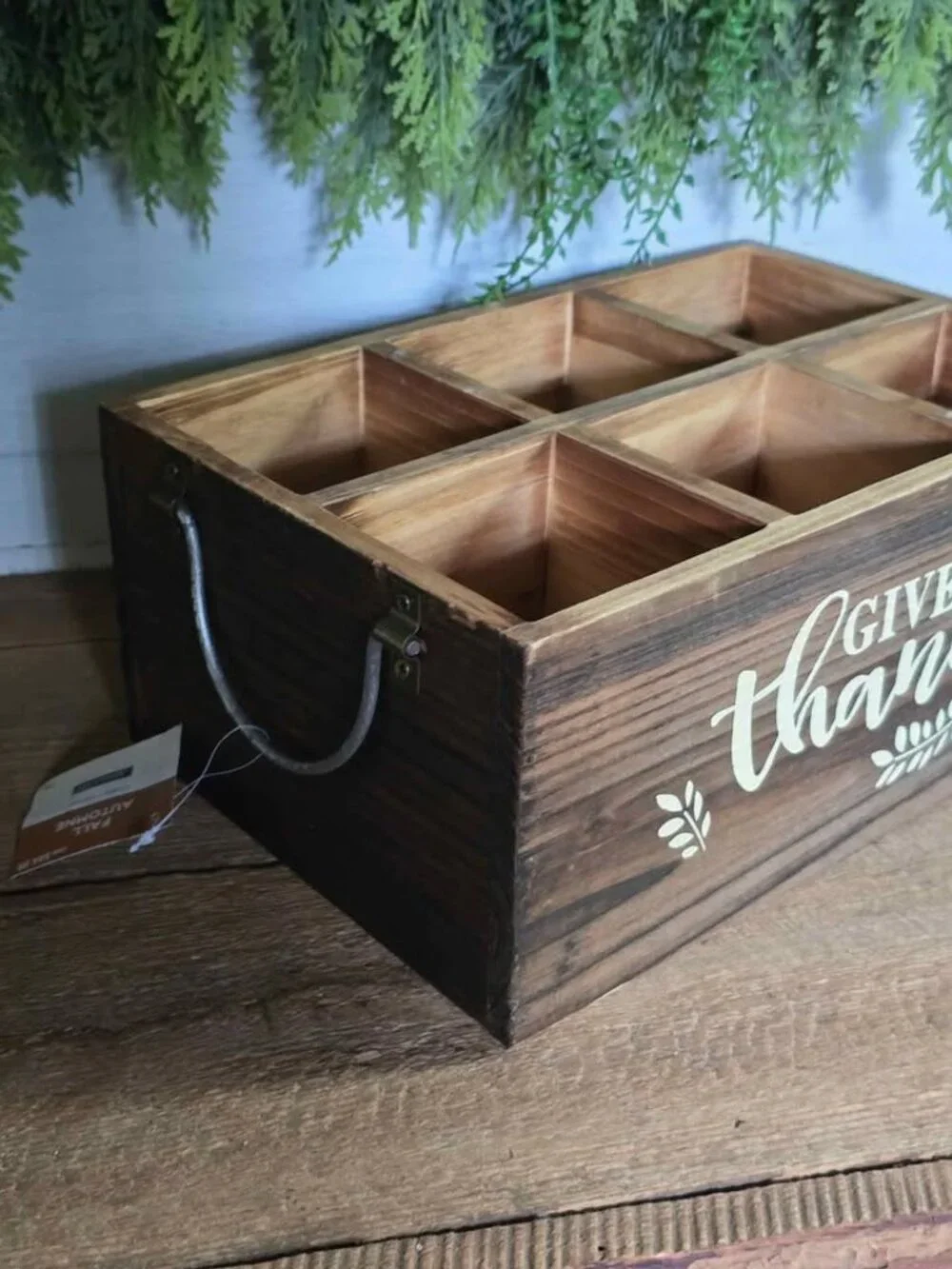 Rustic Give Thanks 6 Divided Wood Crate Primitive Thanksgiving Flatware Storage